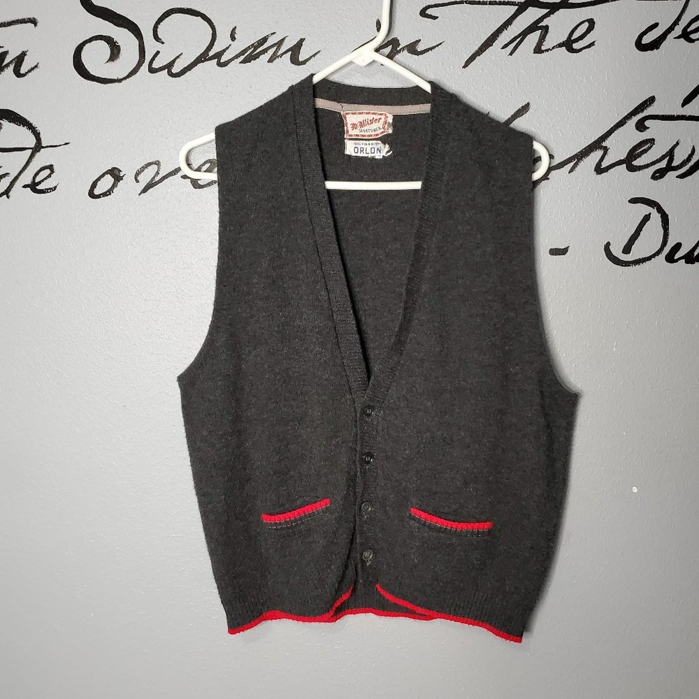 Vintage 60s Men's Sweater Vest, Black & Red, M - Picture 1 of 3